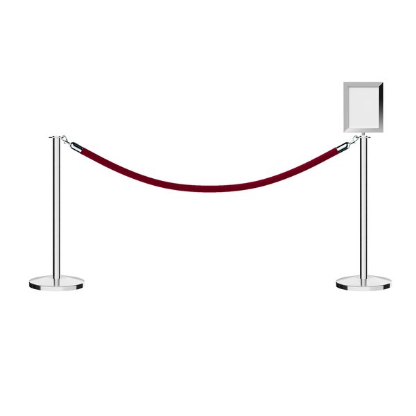 Montour Line Stanchion Post & Rope Kit Pol.Steel, 2FlatTop 1Maroon Rope 8.5x11V Sign C-Kit-1-PS-FL-1-Tapped-1-8511-V-1-PVR-MN-PS